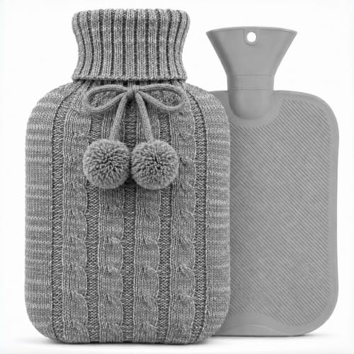 OliviaLiving Wärmflasche mit Strickbezug, 2L Wärmbeutel zur Schmerzlinderung, Menstruationskrämpfe, Wärme- und Kältekompresse, Hand- & Fußwärmer, Bettwärmer, Wärmflasche Wassersack