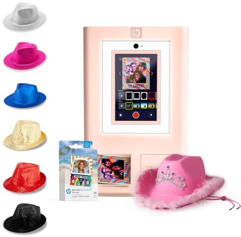 HP Sprocket Photo Booth Machine Instant Color Photo Printer (Pink) + Zink Paper (100 Sheets) + Fedora (6) + Pink Hat (1)