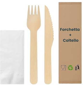 100 Set Posate Monouso Imbustate Singolarmente - Forchette e Coltelli in Legno di Betulla - Biodegradabili e Compostabili - Per Feste, Eventi, Catering, Ristorazione, Uso Domestico