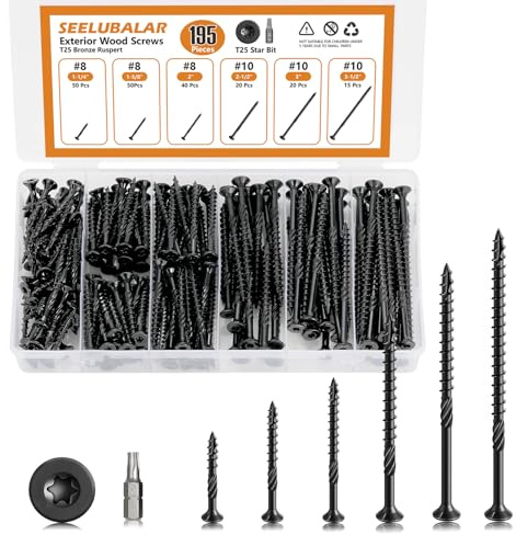 195 Pcs Deck Screws kit, #8#10 Black Wood Screws Assortment Kit, Rust Resistant epoxy Coated,Star Drive,Heavy-Duty Exterior (1-1/4,1-5/8,2,2-1/2,3,3-1/2),T25 Star Bit