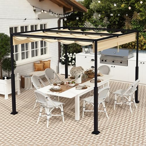 PEILU 3 x 3 m di pergola, robusto telaio in metallo, gazebo da giardino con protezione solare e vento, tetto apribile, per giardino, terrazza e balcone (beige)