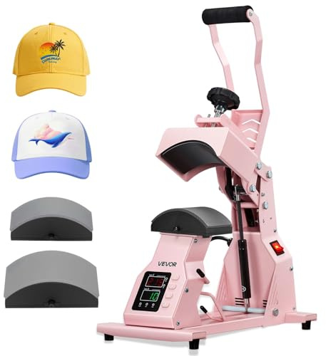 VEVOR Pressa a Caldo per Cappelli con 2 Piastre Intercambiabili, Macchina per Pressatura a Caldo per Cappelli con Controllo della Temperatura e del Tempo, per Cappellini, Fasce, Mascherine, Rosa