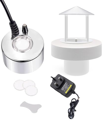 KINGYEENUO Fontaine à ultrasons 350 ml/h, avec protection anti-éclaboussures, flotteur et 3 disques de rechange pour aquarium, étang, réservoir à poissons, boîtier pour reptiles, Rocky, fontaine