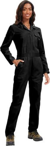 WORK IDEA Langärmeliger Damen-Overall – Arbeits-Overall, Köperrücken, praktische Taschen mit Haken, Schwarz, Medium