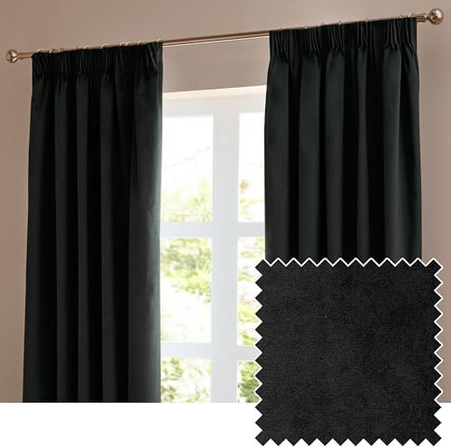 furn. The Ultimate Velvet Blackout Pencil Pleat Curtain Pair – Soft Stylish Light Blocking Thermal Matte Velvet Drapes (Black - 168x229cm)