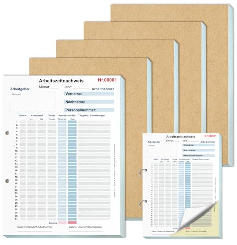5 Bücher Stundenbuch für Arbeit A4 Arbeitszeitnachweis Block für 31 Tage Stundennachweis Monatliche mit Rückenpappe Arbeitszeiterfassung Buch Stundenzettel für Minijob Vollzeit 2x50 Blatt Weiß Gelb