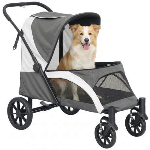 PawHut Carrito para Perros Plegable, Cochecito para Perros Grandes hasta 25 kg con Ruedas Grandes, Correas de Seguridad, Amortiguador, Cojín Lavable, Marco de Acero, Freno, 124x67x100 cm, Gris Oscuro
