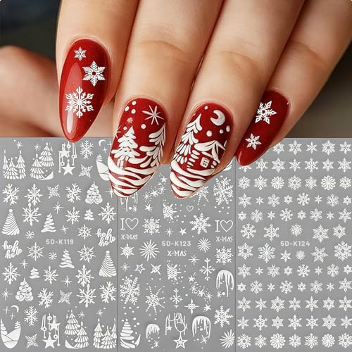 RUISPEED Geprägte Schneeflocken-Nagelsticker – 5D große selbstklebende Aufkleber mit weißem Weihnachtsbaum, Weihnachts-Nageldesign für DIY Maniküre, 3 Blatt