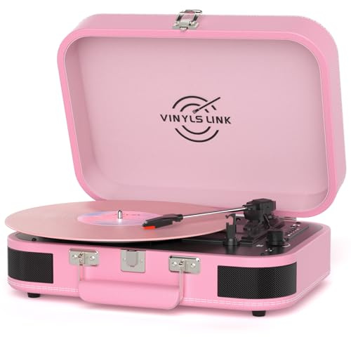 Bluetooth Vinyl Record Player with Built in Speakers, Portable Turntable for Vinyl Records, 3-Speed Vintage Pink Record Player with EQ Mode, LED Display, USB Recording, TF Card, AUX & RCA Output