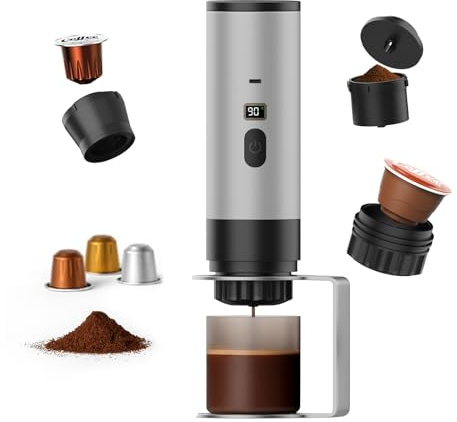 MMOBIEL Macchina Caffè Portatile Macchina da Caffè Espresso Elettrica con Anti-Scivolo, Riscaldante & USB-C – Compatibile con Capsule & Caffè Macinato per Viaggio, (Argento + Supporto)