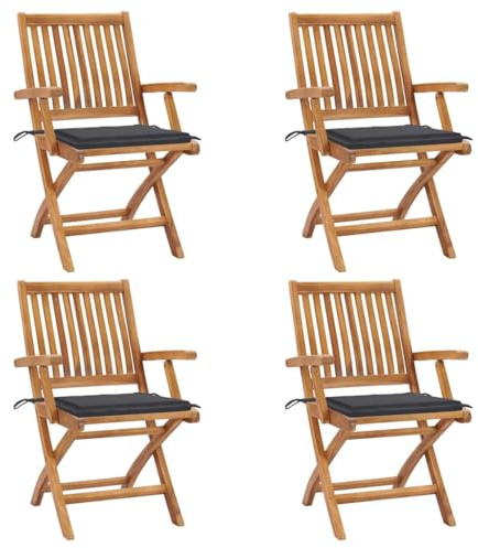 Mokuyary Fällbara trädgårdsstolar med kuddar, set om 4, massivt trä, teak, balkongstol, terrassstolar, matstolar för terrass, trädgård, balkong – E