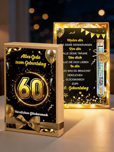Geschenk zum 60 Geburtstag Mann Frau, Geldgeschenke 60. Geburtstag Verpackung, Schwarz-Gold Geschenkbox mit LED Lichterkette Reagenzglas Geburtstagskarte
