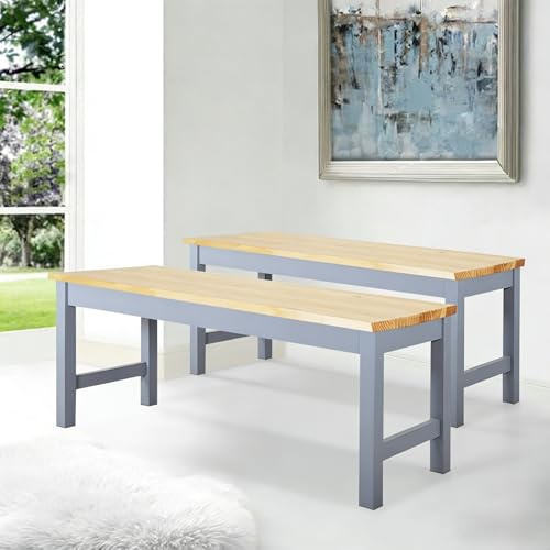 Warmiehomy Set of 2 Dining Bench,Elegant Modern Wooden Bench & Sturdy Frame | Durable 2-Seater for Living Room, Bedroom, Kitchen, Patio,90CMx35CMx44CM, Natural Pine & Grey