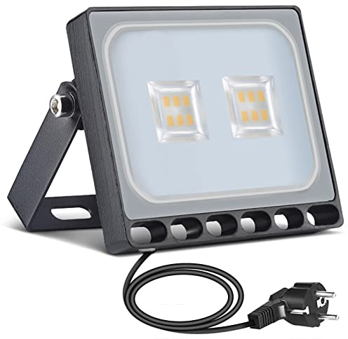 papasbox 10 W LED strålkastare, LED strålkastare byggspotlight med kontakt vattentät IP65, 3000 K varm vit, perfekt vägglampa utomhusbelysning för trädgård, garage, hotell