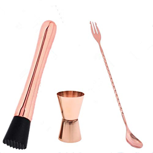 Stainless Steel Cocktail Muddler, Twisted Mixing Spoon with Fork, Double Jigger Set, Bar Tool Essentials Professional Bar Tool Set (Rose Gold)