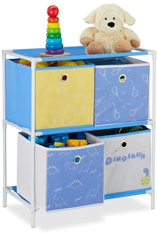 Relaxdays Kinderregal, 4 Boxen, Jungen & Mädchen, Dino-Design, Regal Kinderzimmer, Spielzeug, HBT 62 x 53 x 30 cm, bunt