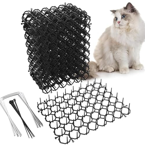 OCEANPAX Cat Scat Mat with Plastic Spikes Cat Deterrent Mats Scat Mat for Cats Pest Prickle Strips from Digging 24 Pack Include 10 Staples and 10 Zip Ties