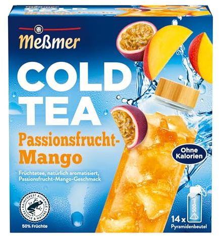 Meßmer Cold Tea Passionsfrucht-Mango - Kaltaufguss mit 14 Pyramidenbeuteln | Erfrischend kalter Früchtetee mit Passionsfrucht-Mango-Aroma, ohne Zuckerzusatz, ideal für unterwegs & Büro – 1 Beutel/500 ml