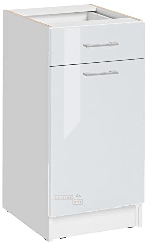 Cuisineandcie - MEUBLE CUISINE BAS ECO Blanc Brillant 1 Porte, 1 tiroir L 40cm - Meuble Bas Cuisine Rangement, Meuble Cuisine, Placard Cuisine Bas