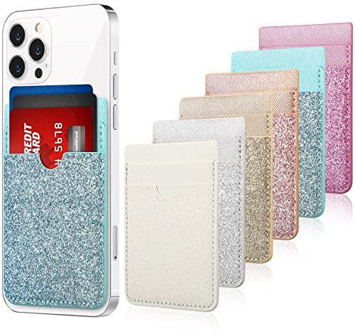 6 Pcs Phone Wallet Rfid PU Leather Stick on Wallet Phone Card Holder for Case Check ID Business Card Credit Cards Compatible Works with Most Smartphones 2.6 x 3.8 in(Solid,Bright Color)