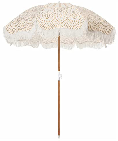 NWB 200cm Gartenschirm Sonnenschirm Strandschirm, aus Holz, mit Fransen und Kippmechanismus, UV-Schutz, Terrassenschirm für Strand Reise Picknick, ohne Standfuß