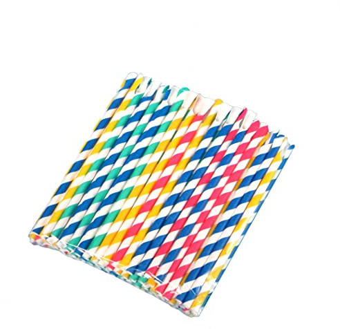 125 Bio Löffelhalme Papiertrinkhalme Löffel Trinkhalme Strohhalme Shakehalme aus Papier mit Löffelende Ø8mm 20cm lang gestreift bunt gemischt