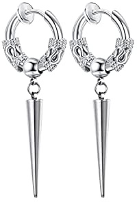 Gothic Punk Silver Stainless Steel Non Pierced Long Spike Awl Dangle Drop Clip on Hoop Earrings Non-Piercing Jewelry Viking Dragon-Shaped Earring Gift for Men Women Teens