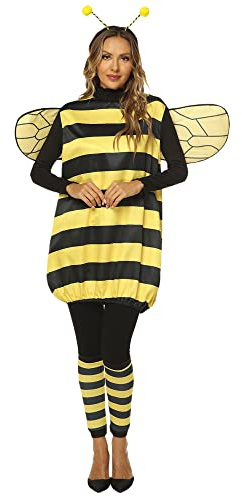 Unisex vuxen barn bi cosplay kostym set bi klänning med vingar pannband ben ärmar för halloween festtillbehör (gul vuxen, L)