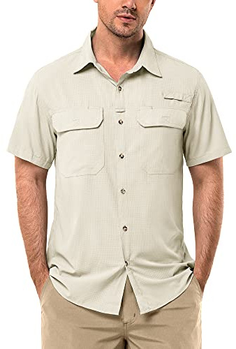 33000 fot kortärmad herrskjorta UPF50 UV skydd, utomhusskjorta, snabbtorkande fritidsskjorta, funktionell skjorta, vandringsskjorta för fiske, safari, resor, golf, Ljus kaki, 3XL