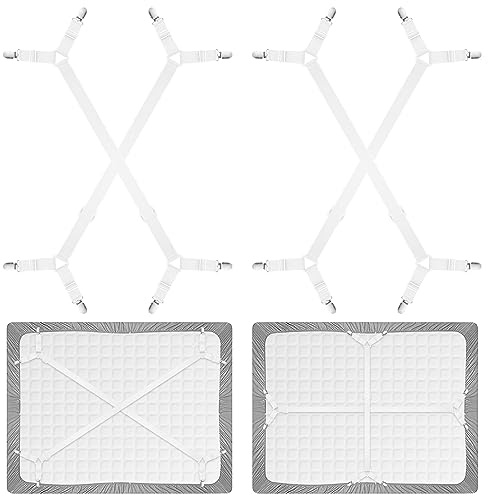 Bouiexye 4 Stück Bettlakenhalter, verstellbare Bettlakenverschlüsse, elastische Bänder für Queen-Size-Bett, Doppelbett, Weiß