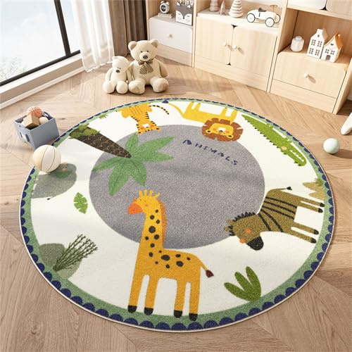 Round Area Rugs Fluffy Carpets Nursery Area Rug Crawling Play Mat for Children Toddlers Bedroom Shaggy Decor for Teenage Rug for Bedroom Living Room Anti-Skid Cartoon Lion (White, 100cm)