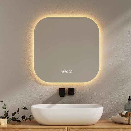 EMKE Badspiegel mit Beleuchtung 50x50cm, 3 Lichtfarben Dimmbar | Badezimmerspiegel mit Anti-Beschlag, Touchschalter, Speicherfunktion, IP44 Schutz, einfache Wandmontage