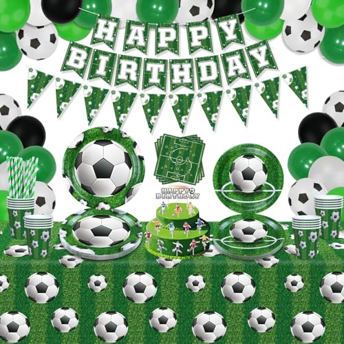 Paquete de 149 accesorios para fiesta temática de fútbol, decoración para niños, temática deportiva, cumpleaños, decoración de fútbol, juego de vajilla - platos temáticos de fútbol, globos, banderines