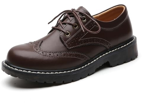 XMM Oxford Shoes for Women Women's Oxford Shoe Lace-Up Round Toe Leather Flat Classic Non-Slip Work Business Dress Office Shoes Brown US 6