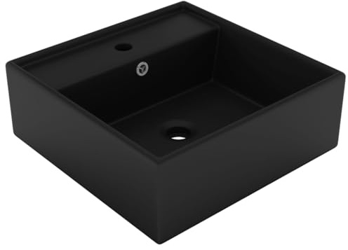 FOZICV Luxus-Waschbecken Überlauf Quadratisch Matt Schwarz 41x41x15 cm Keramik Waschbecken Eckig Waschschale Bad Möbel Modern Aufsatzwaschtisch Aufsatzbecken Aufsatzwaschbecken mit überlauf