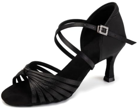 Chaussures de Danse Latine Femme Bout Ouvert Satin Talon Latine Sandales | Chaussures de Danse de Salon Professionnelles en Satin Pour Salsa, Bachata, Tango, Talon 7,5 cm, Semelle en Daim