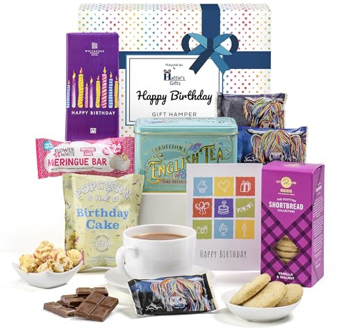 Hattie’s Gifts Afternoon Tea Birthday Hamper for Men | English Victorian Tea Gift Set with Milk Chocolate, Biscuits, Meringue Bar, Popcorn & Birthday Card