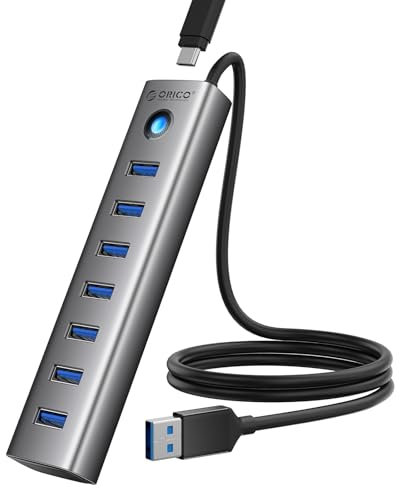 ORICO Hub USB 3.0, Hub USB 5Gbps in Alluminio 7 porte, cavo Lungo 100CM con porta di Alimentazione 5V/3A Type-C, Adattatore USB 3.0 Multipla Compatibile con MacBook, PS4, Surface Pro, HP