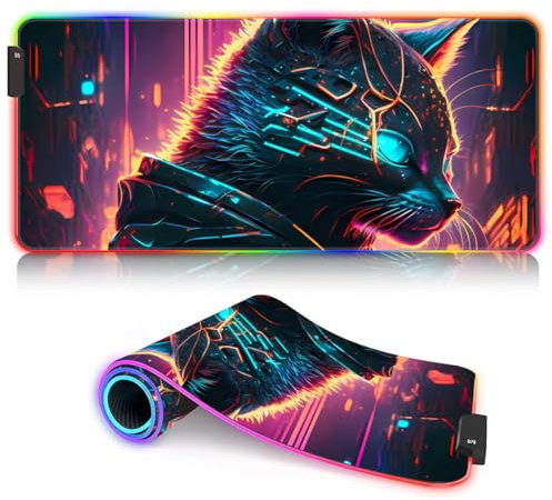 Tapis de Clavier pour Souris Laser/Optique Cat Neon Art LED XXL Tapis de Bureau ROG Tapis de Souris étendu (90 x 40 x 0,3 cm) améliore la précision et la Vitesse du Tapis de Bureau
