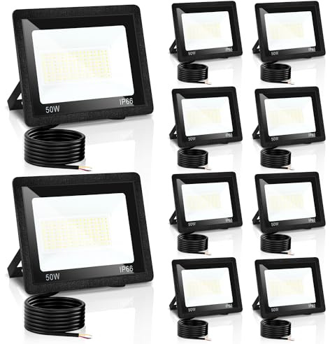 Izrielar Projecteurs LED 10x, 50W Projecteur Super Lumineux, 3 Températures de Couleur Réglables, Spots Imperméable IP66 pour Jardin, Terrain de Sport, Garage