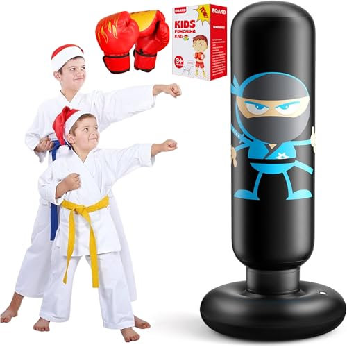 EQARD Boxsack für Kinder Ninja Design 160cm mit Ständer und Boxhandschuhen - Aufblasbar für Karate Taekwondo MMA Training