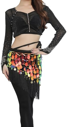 MUNAFIE Glitzer Pailletten Rock Bauchtanz Hüfttuch Fransen Rock Bauchtanz Kostüm Röcke Für Damen Schwarz