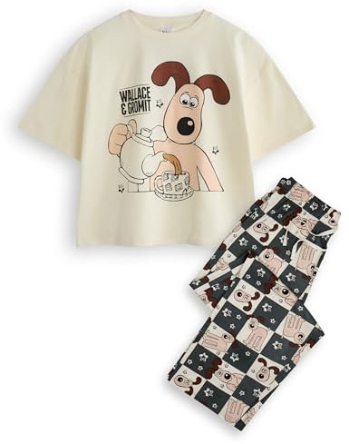 Och Gromit Pyjamasset för kvinnor | Dam Gromit Tea Klassisk Logotyp Kortärmad Topp & All Over Print Grafiska Loungewear-underdelar i Grå & Marinblå | Klassisk filmkomediserie Merchandise
