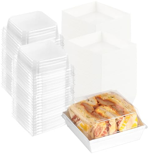 100 Pack Charcuterie Boxes with Clear Lids,5.5×4.9×2.4 Disposable Square Food Containers,Dessert Boxes,Paper Bakery Boxes with Cover for Sandwich, Cookies, Sushi, Cake Slice, Strawberries (white)