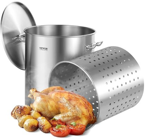 VEVOR Olla Grande de Acero Inoxidable de 60,5 L, para Salsa con Canasta, Tapa y Asa, Olla Comercial Resistente, Tratamiento de Lijado, para Eventos de Grupos Grandes, Plateado, 400 x 450 mm