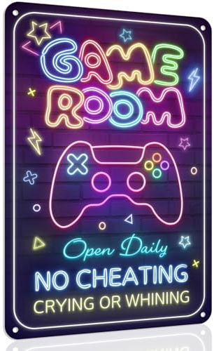 L0famy Game Room Wall Sign, Neon Light Effect Gaming Stuff Metal Sign, Gaming Poster Bedroom Plaque for Boys and Girls, Open Daily No Cheating Wall Decor Gamer Accessories