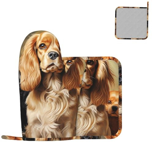 Ofenhandschuhe und Topflappen-Set, Cockerspaniel, Grillhandschuhe, hitzebeständige Topflappen, rutschfeste Kochhandschuhe, dick, lang, Küchenhandschuhe für Grill, Backen, Mikrowelle, 2 Stück