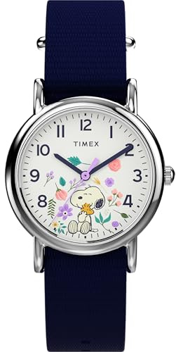 Timex Peanuts Herren-Armbanduhr, 31 mm, blaues Stoffarmband, einlagiges weißes Zifferblatt, silberfarbenes Gehäuse TW2Y30800
