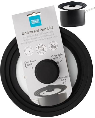 Taylors Eye Witness Universal Pan Lid - 3-in-1 Space Saving Frying Pan Cover, Tempered Glass with Silicone Rim and Oven-Safe, Cool Touch Knob. Fits 16cm, 18cm, & 20cm Pans, Pots & Casseroles Dishes