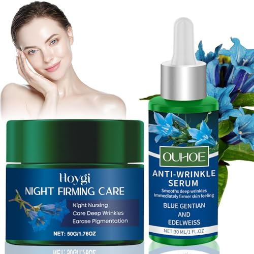 Ekologisk åtsittande nattvård blå gentiana & ädelvit, naturkosmetik anti-aging ansiktskräm & ansiktsserumset, stramande hud, minskar djupa rynkor och minskar pigmentfläckar, lämplig för alla hudtyper